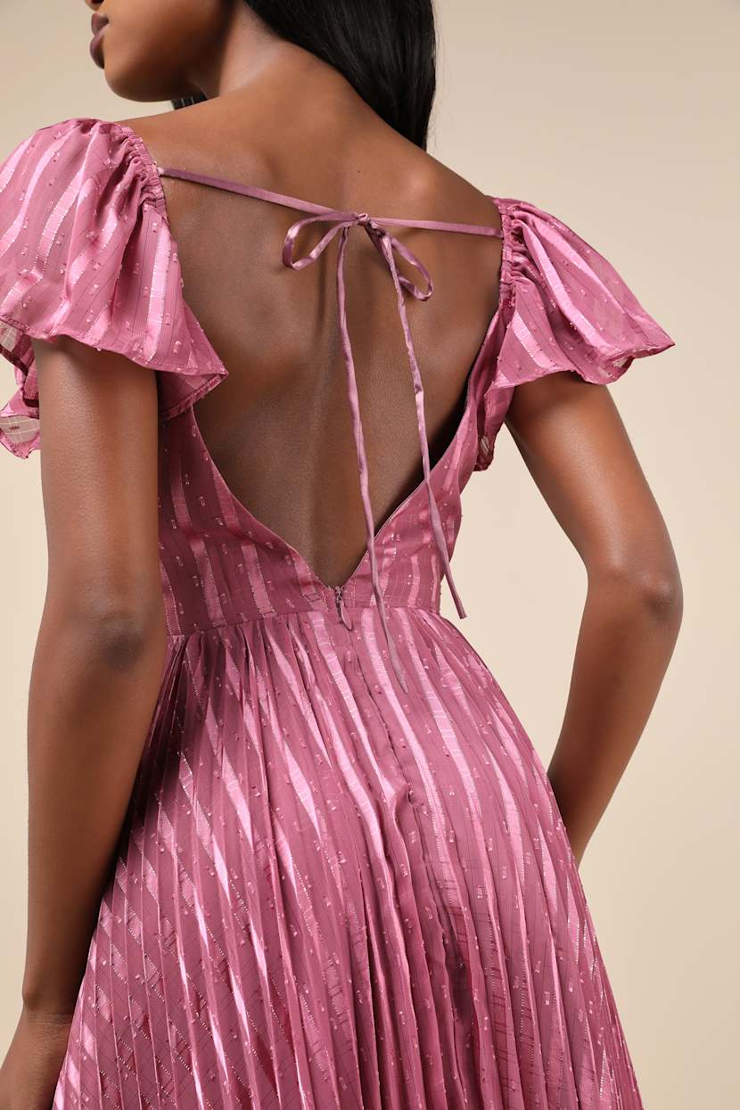 Mauve Lurex Dress - Flutter Sleeve Dress - A-Line Midi Dress - Lulus