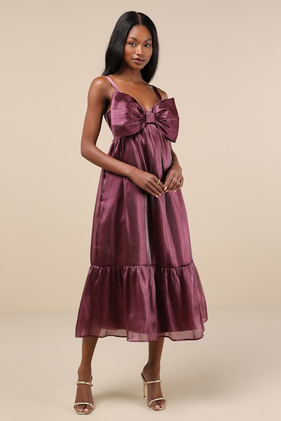 Extravagant Initiative Shiny Plum Organza Bow Midi Dress 4