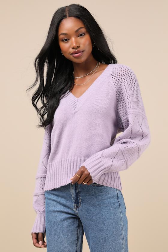 Trend Maker Lavender Pointelle Knit V-Neck Sweater 2