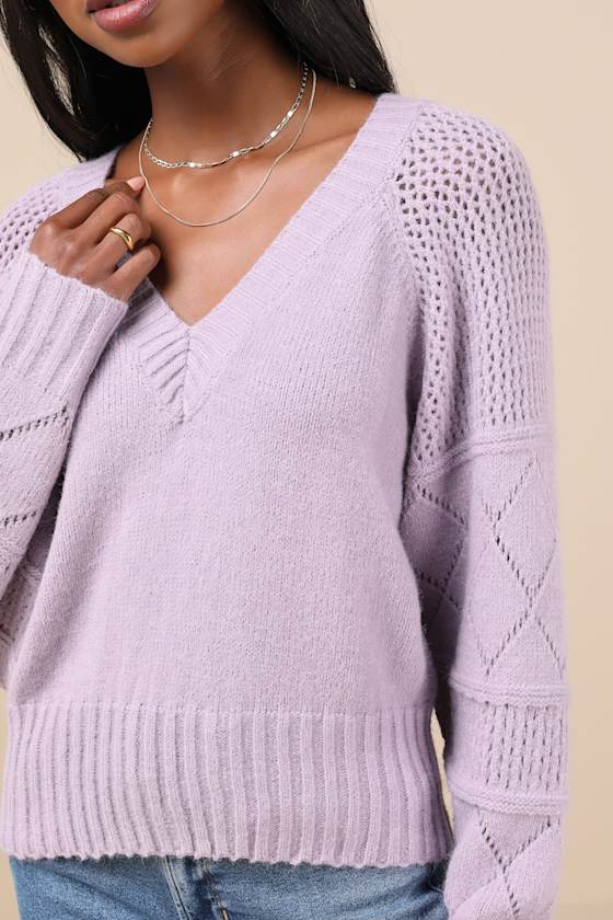 Trend Maker Lavender Pointelle Knit V-Neck Sweater 1