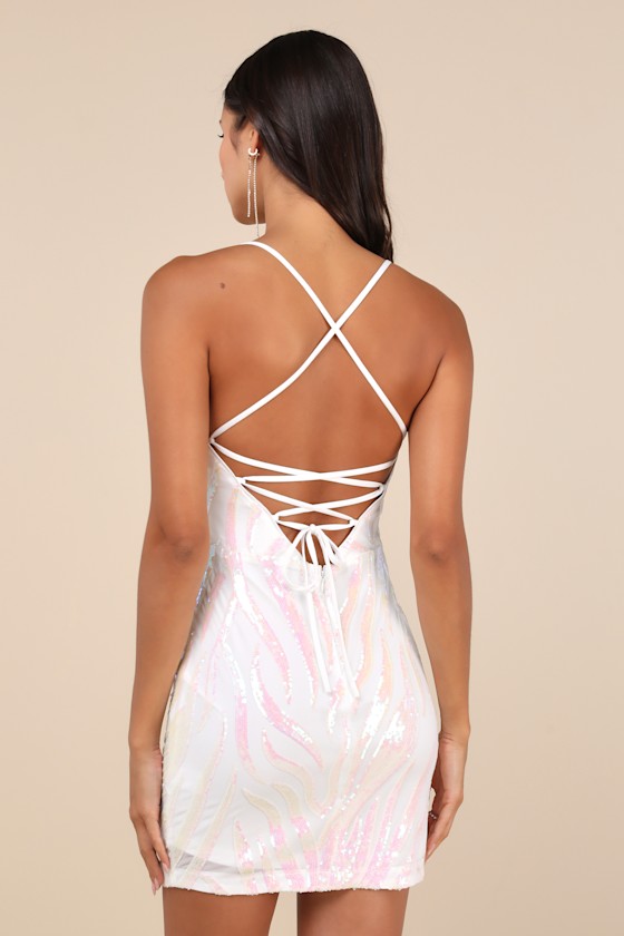 Lulus Sparkle 'til Dawn White Iridescent Sequin Lace-up Mini Dress In White