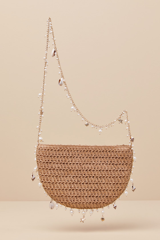 Sea-ze the Moment Tan Woven Pearl Seashell Charm Shoulder Bag 5
