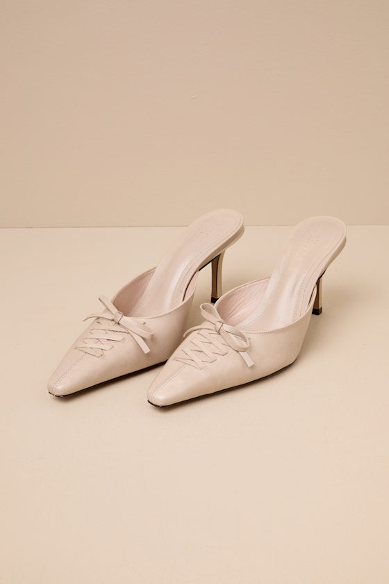 Cady Light Nude Leather Pointed-Toe Bow Mule Pumps 2