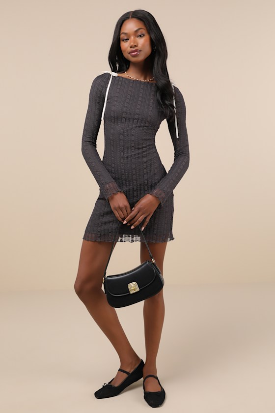 Daisy Street Lace Dress - Charcoal Grey Dress - Long Sleeve Dress