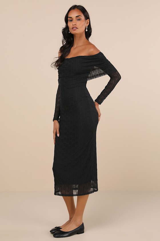 Lulus Demurely Chic Black Mesh Textured Off-the-shoulder Midi Dress In Black