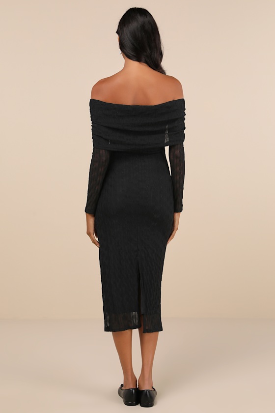 Lulus Demurely Chic Black Mesh Textured Off-the-shoulder Midi Dress In Black