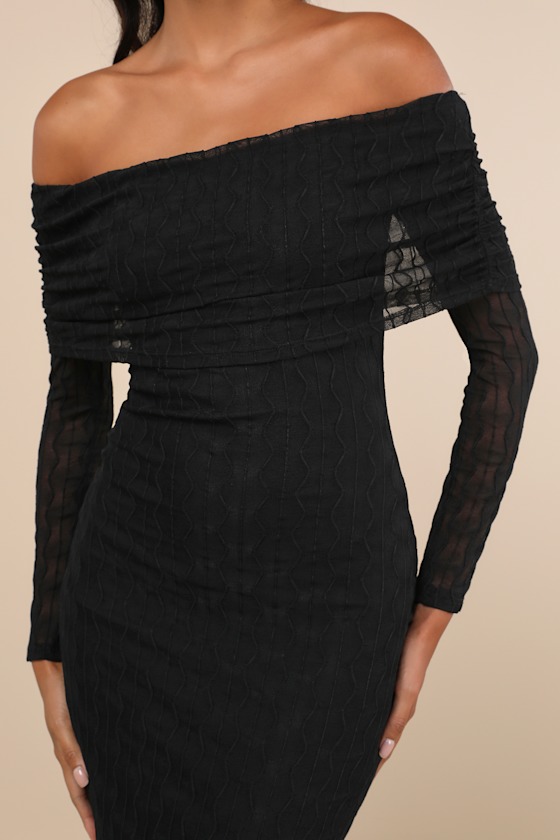 Lulus Demurely Chic Black Mesh Textured Off-the-shoulder Midi Dress In Black