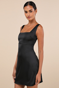Truly the Cutest Black Satin Square Neck Mini Dress
