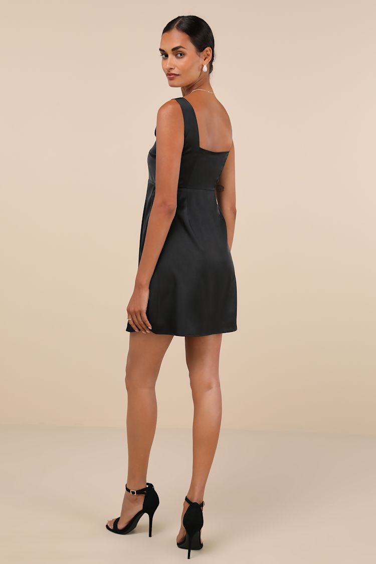 Truly the Cutest Black Satin Square Neck Mini Dress