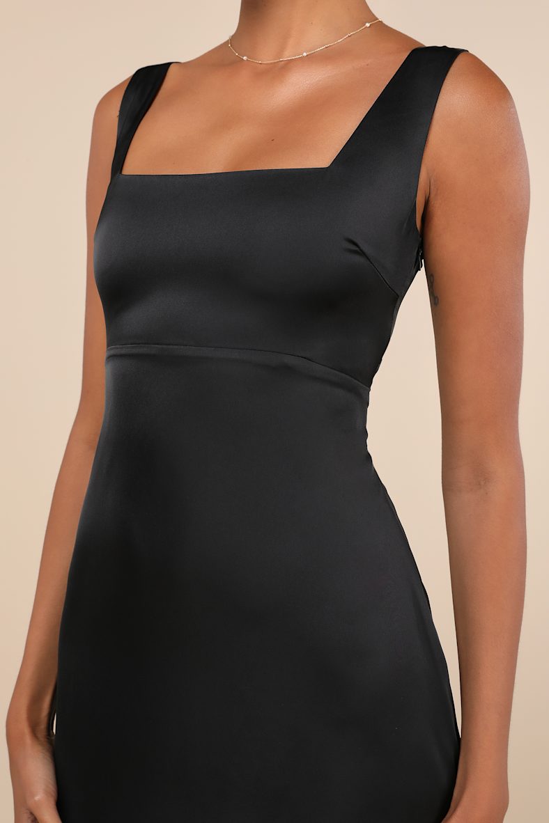 Truly the Cutest Black Satin Square Neck Mini Dress