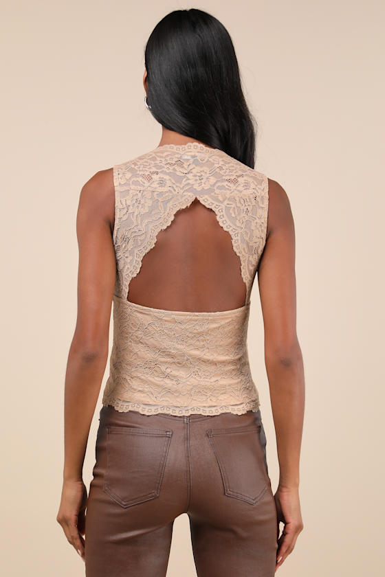 Lulus Flirtatious Statement Tan Lace Back Cutout Tank Top In Tan