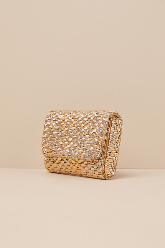Lulus Stunning Glow Gold Beaded Rectangular Mini Clutch In Gold