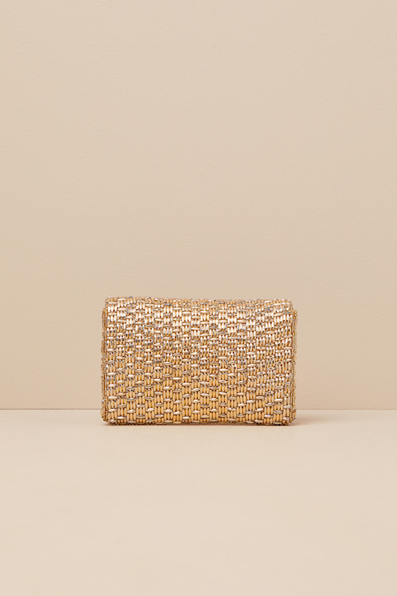 Lulus Stunning Glow Gold Beaded Rectangular Mini Clutch In Gold