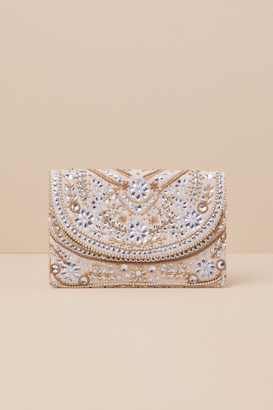 LULUS CONVINCING SHINE TAUPE AND GOLD BEADED RHINESTONE CLUTCH