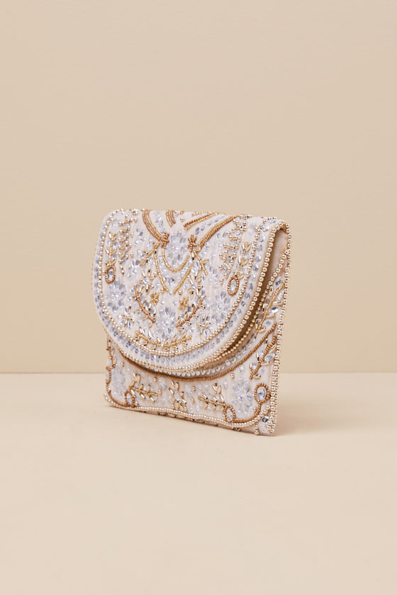 LULUS CONVINCING SHINE TAUPE AND GOLD BEADED RHINESTONE CLUTCH