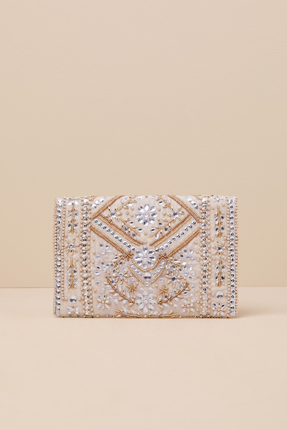 LULUS CONVINCING SHINE TAUPE AND GOLD BEADED RHINESTONE CLUTCH