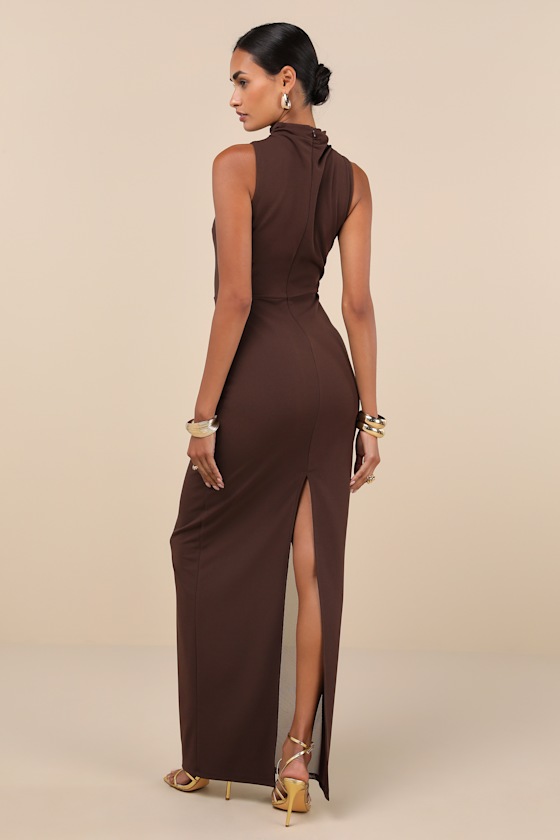 Lulus Alluring Influence Dark Brown Mock Neck Sleeveless Maxi Dress In Brown