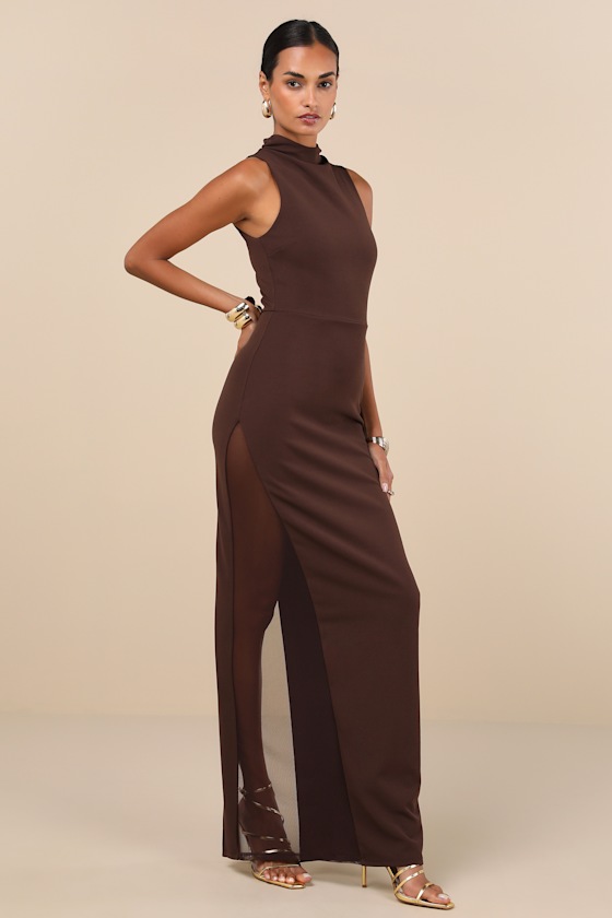 Lulus Alluring Influence Dark Brown Mock Neck Sleeveless Maxi Dress In Brown