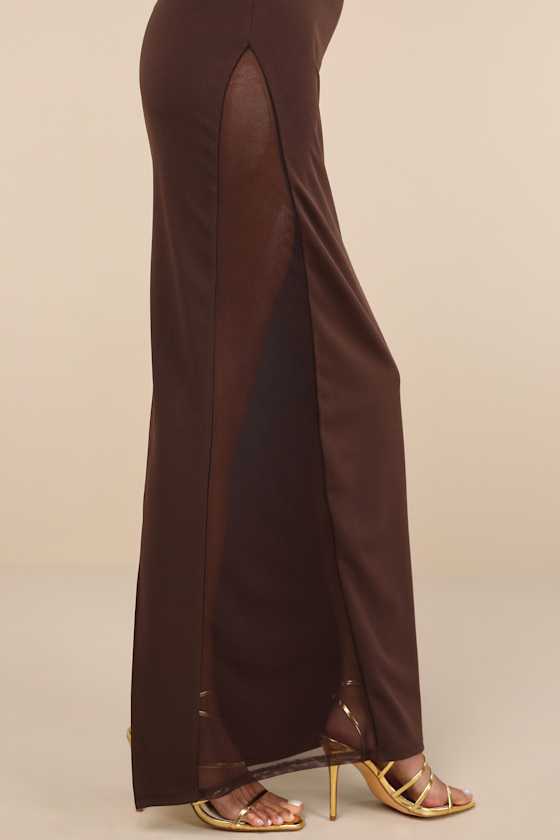 Lulus Alluring Influence Dark Brown Mock Neck Sleeveless Maxi Dress In Brown