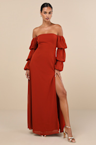 Demure Aura Rust Tiered Balloon Sleeve Off-the-Shoulder Dress 2