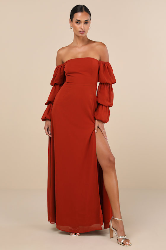 Demure Aura Rust Tiered Balloon Sleeve Off-the-Shoulder Dress 2
