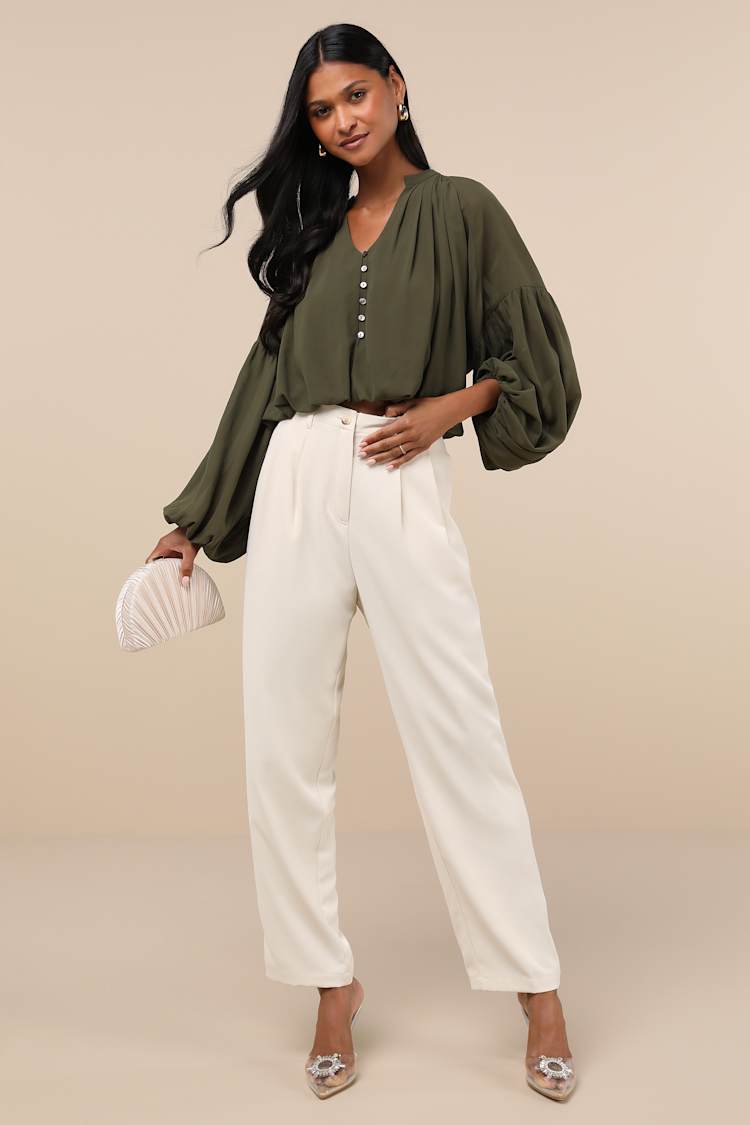 Season of Blooms Olive Green Balloon Sleeve Top