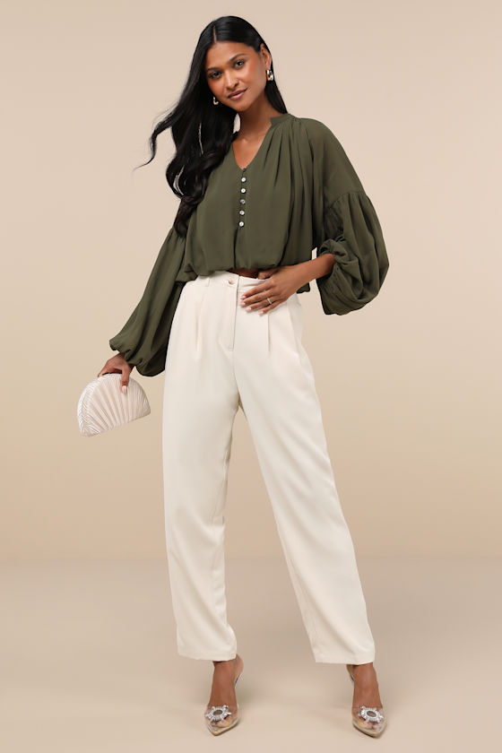 Season of Blooms Olive Green Balloon Sleeve Top 5