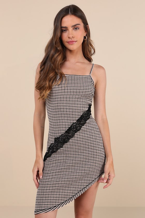 Daisy Street Edgy Delight Beige And Black Gingham Asymmetrical Mini Dress In Beige And Black