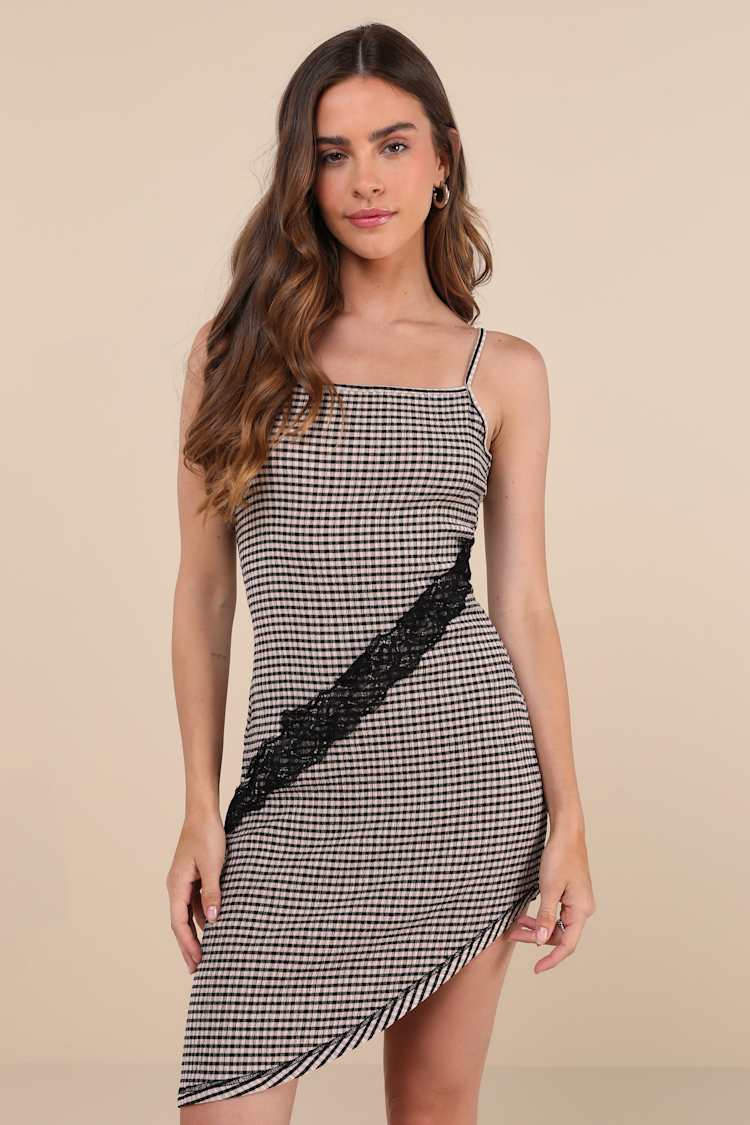 Daisy Street - Beige & Black Gingham Dress - Asymmetrical Mini - Lulus Daisy Street - Beige & Black Gingham Dress - Asymmetrical Mini - Lulus