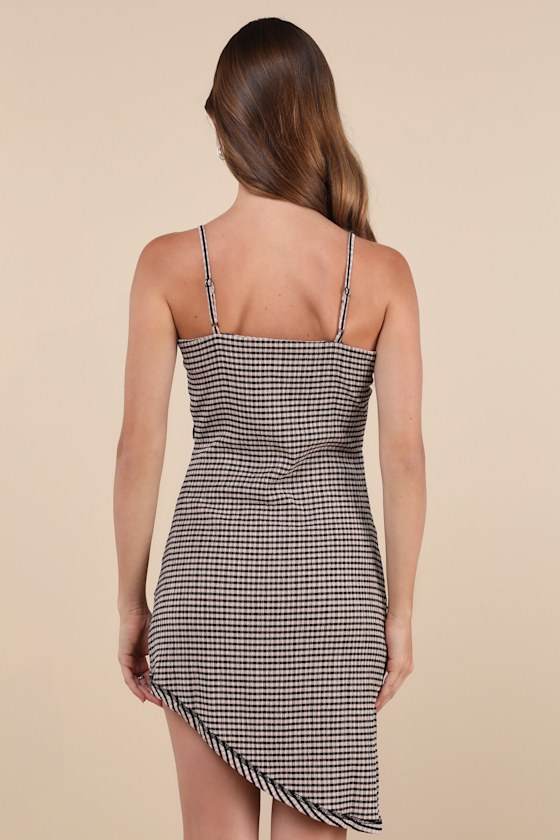 Daisy Street Edgy Delight Beige And Black Gingham Asymmetrical Mini Dress In Beige And Black