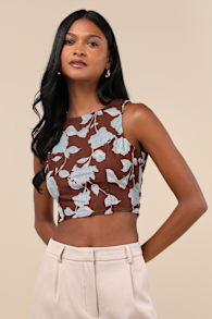 Coveted Essence Brown Floral Mesh Cutout Tie-Back Crop Tank Top 2