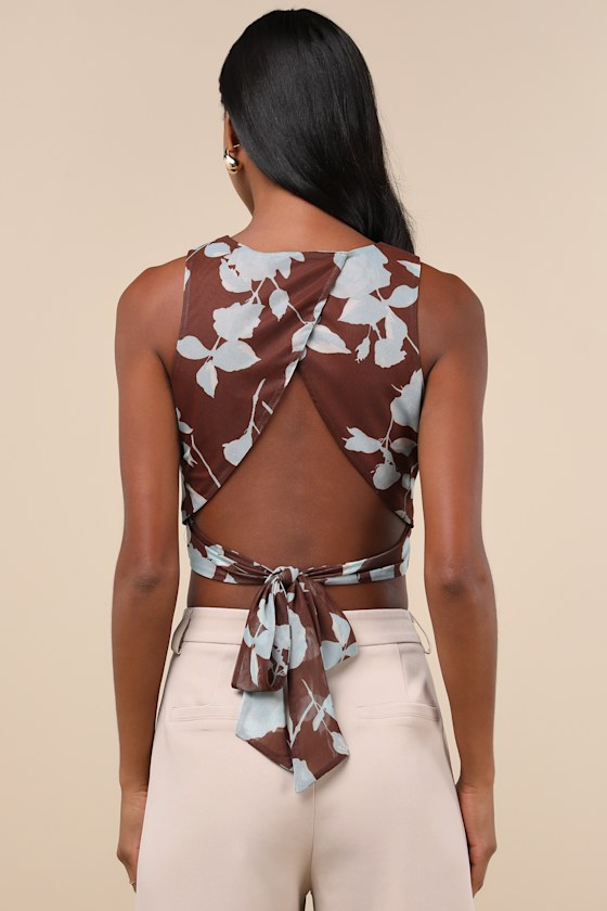 Coveted Essence Brown Floral Mesh Cutout Tie-Back Crop Tank Top 3