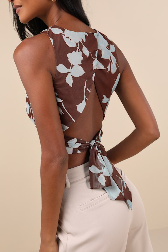 Lulus Coveted Essence Brown Floral Mesh Cutout Tie-back Crop Tank Top In Brown