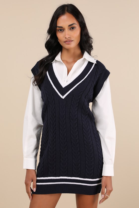 Classic Darling Navy Collared V-Neck Sweater Mini Dress 3