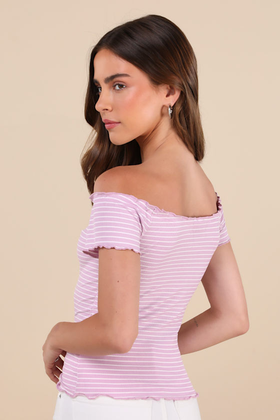 Lulus Easily Ideal Lilac Striped Lettuce Hem Short Sleeve Top In Lilac