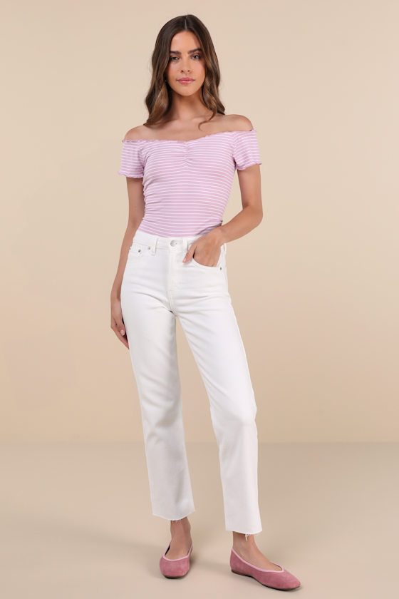 Lulus Easily Ideal Lilac Striped Lettuce Hem Short Sleeve Top In Lilac