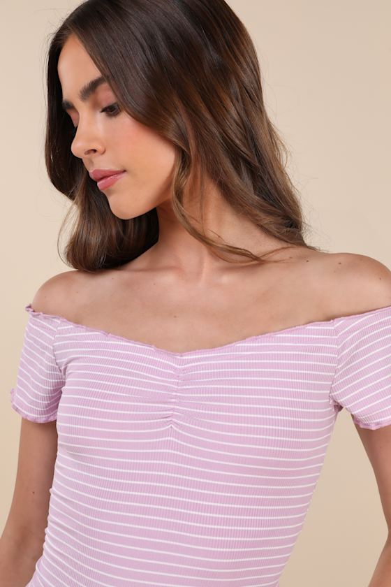 Lulus Easily Ideal Lilac Striped Lettuce Hem Short Sleeve Top In Lilac