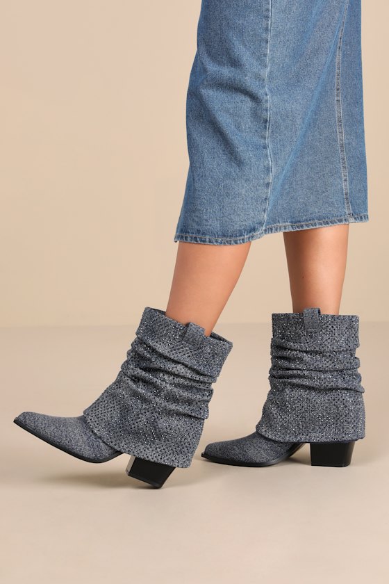 Savella Day to Night Denim Rhinestone Slouchy Western Booties 1
