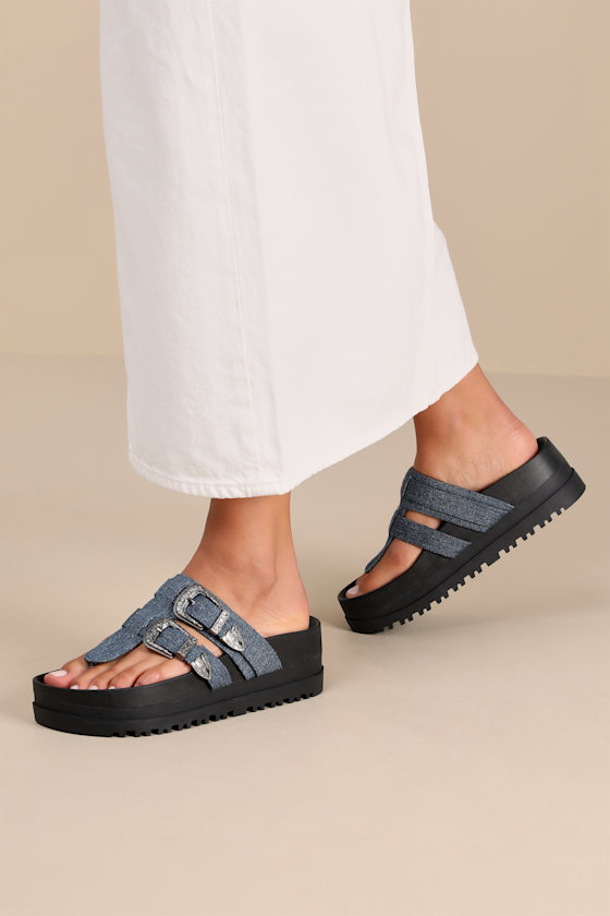Nyra Blue Jean Denim Thong Buckle Flatform Sandals 1