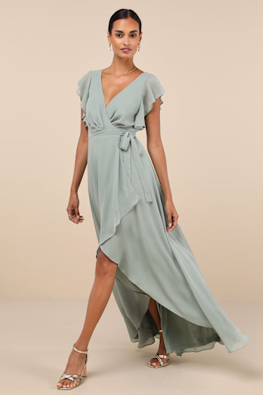sage green wrap dress with Slit straight or tall Goddiva Sustainable Flutter Sleeve Chiffon