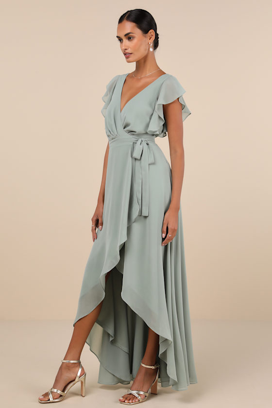 Lulus Ravishing Charm Sage Brush Ruffled Wrap High-low Maxi Dress In Green