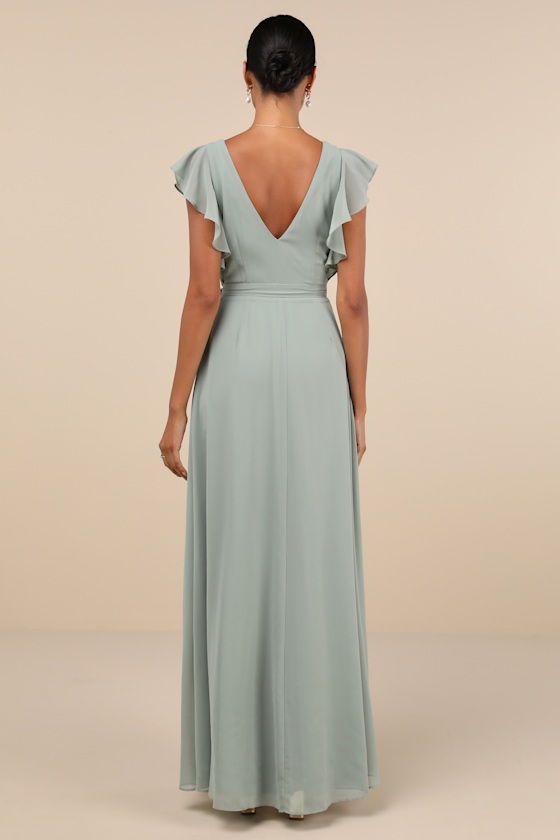 Lulus Ravishing Charm Sage Brush Ruffled Wrap High-low Maxi Dress In Green