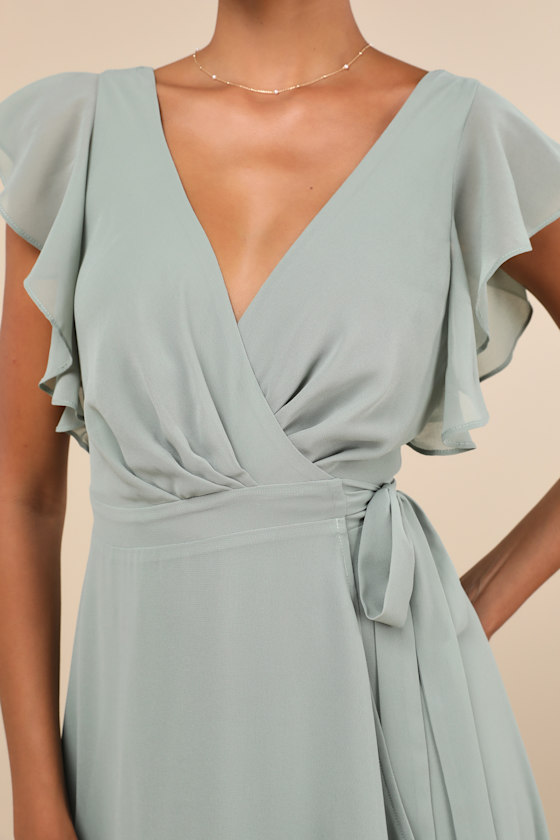 Lulus Ravishing Charm Sage Brush Ruffled Wrap High-low Maxi Dress In Green