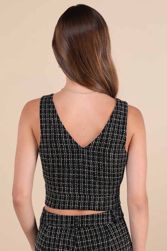 LULUS POSH PERCEPTION BLACK AND WHITE PLAID TWEED CROPPED BUTTON TOP