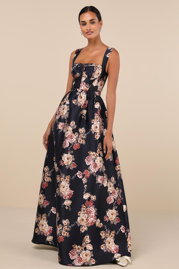 princess polly baby blue dress Navy Blue Floral Dress - Sleeveless Bustier Dress - Maxi Dress
