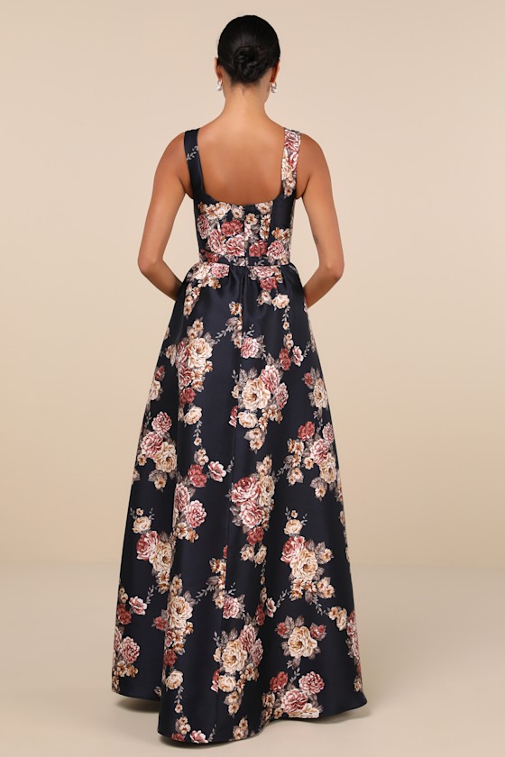 Lulus Elegant Pick Navy Blue Floral Sleeveless Bustier Maxi Dress In Navy Blue