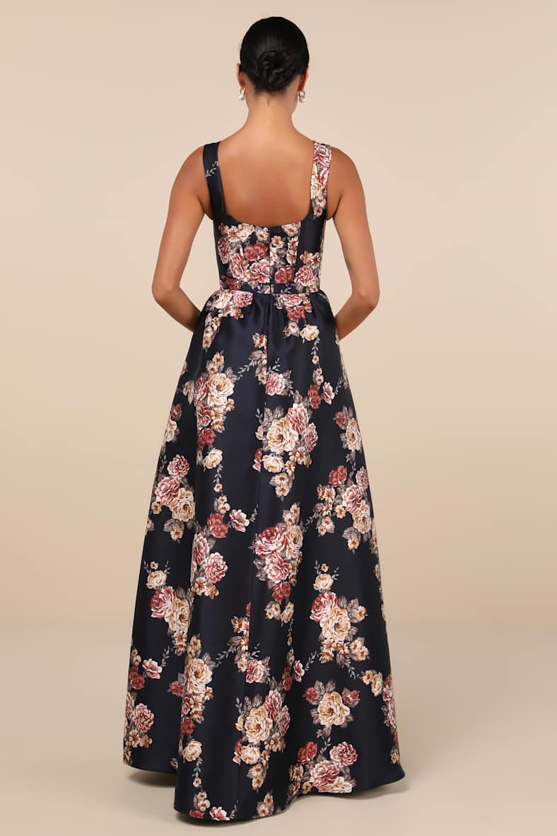 Elegant Pick Navy Blue Floral Sleeveless Bustier Maxi Dress