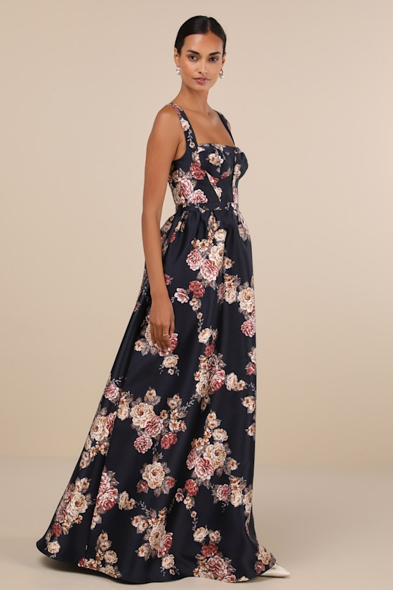 Lulus Elegant Pick Navy Blue Floral Sleeveless Bustier Maxi Dress In Navy Blue