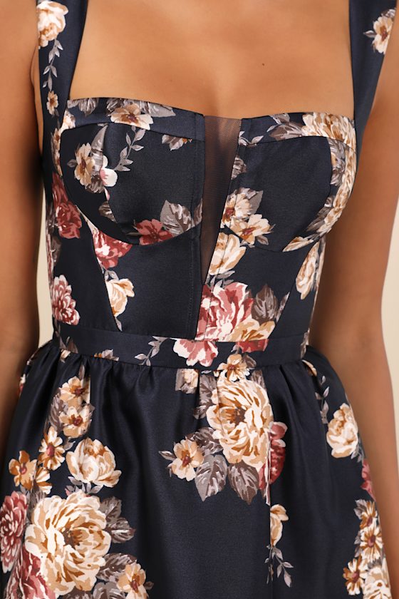 Lulus Elegant Pick Navy Blue Floral Sleeveless Bustier Maxi Dress In Navy Blue