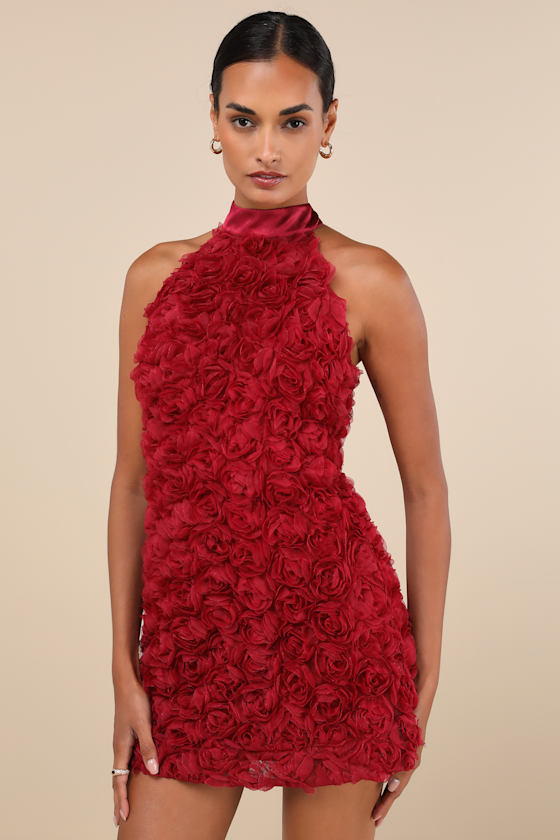 Extraordinary Being Wine Red 3D Rosette Mock Neck Mini Dress 2